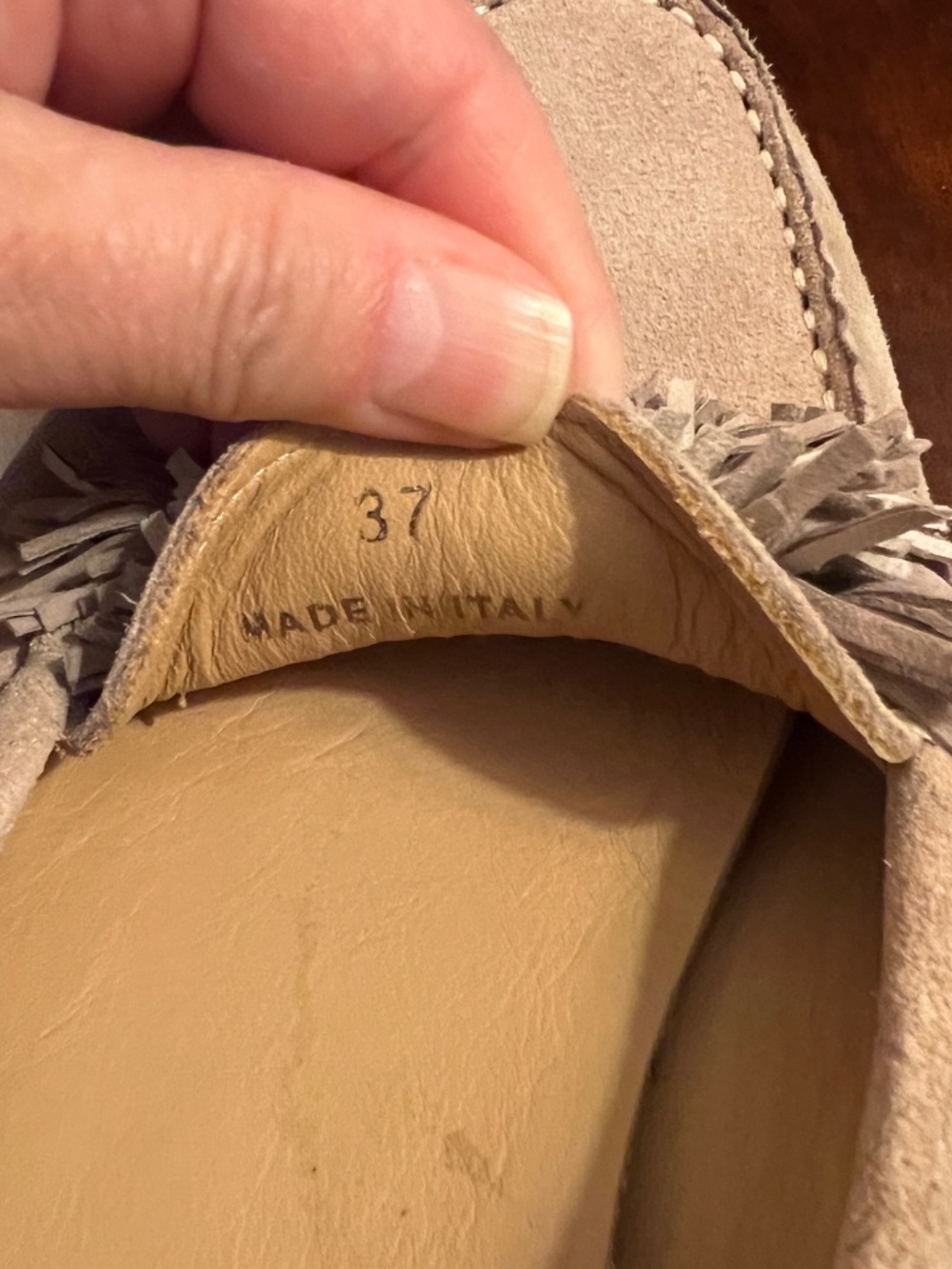 GUC M.Gemi Feliz Pom Pom Fringe Khaki Tan Suede Driving Loafers Flats Size 37 7 - Picture 9 of 9